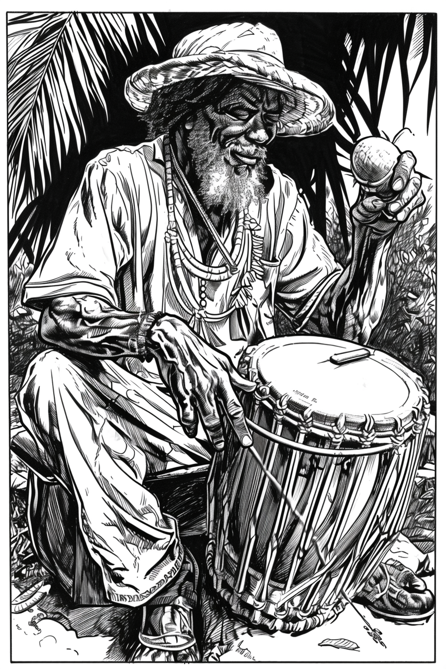 Caribbean man playing bongo in black and white