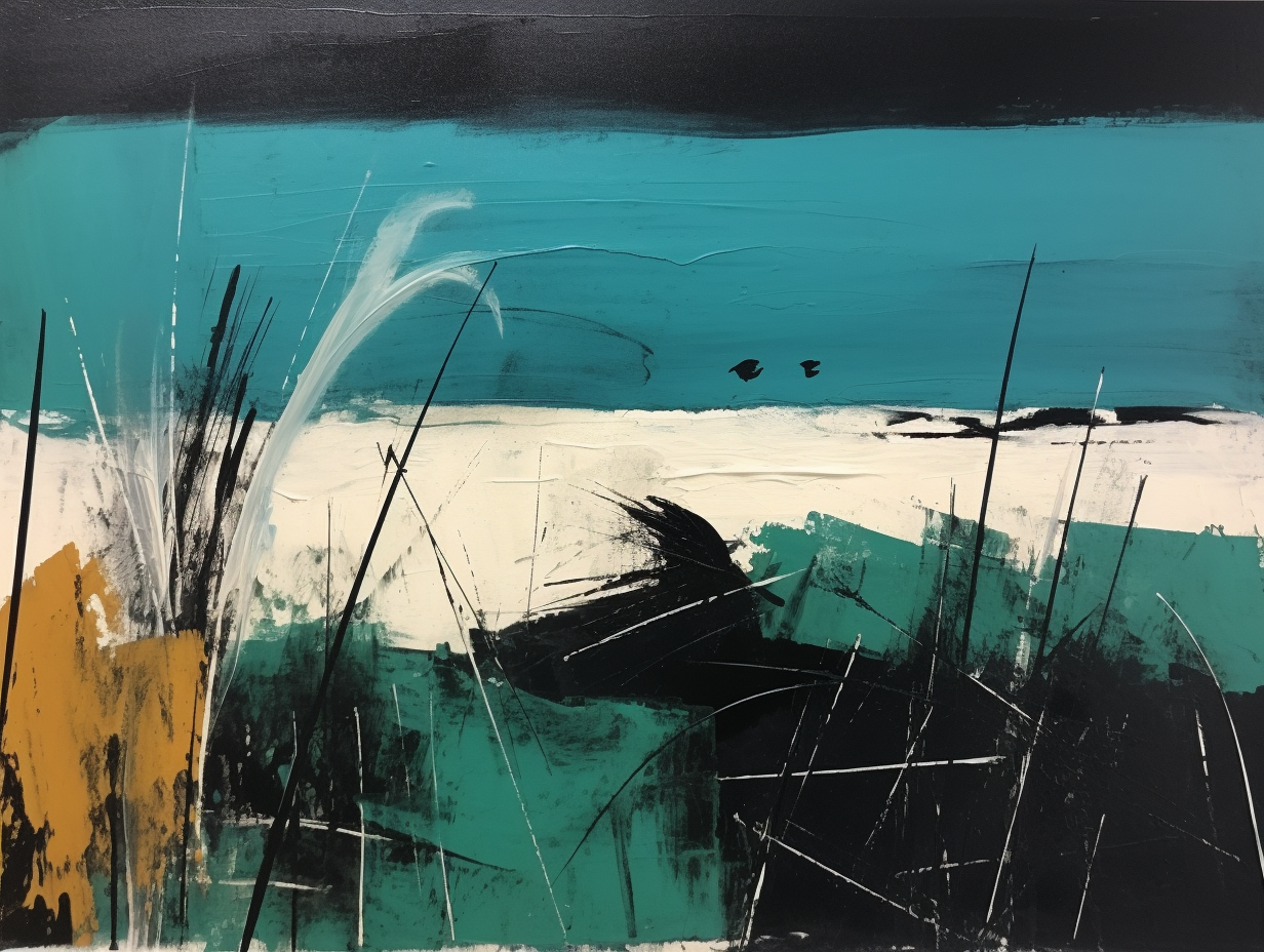 Abstract painting of Caribbean sea, grass, and sand