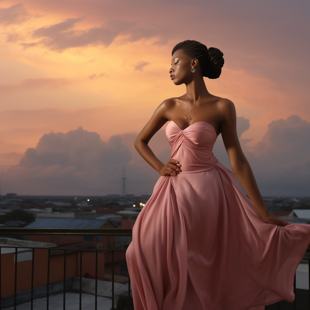 Elegant Caribbean woman in pink dress at twilight