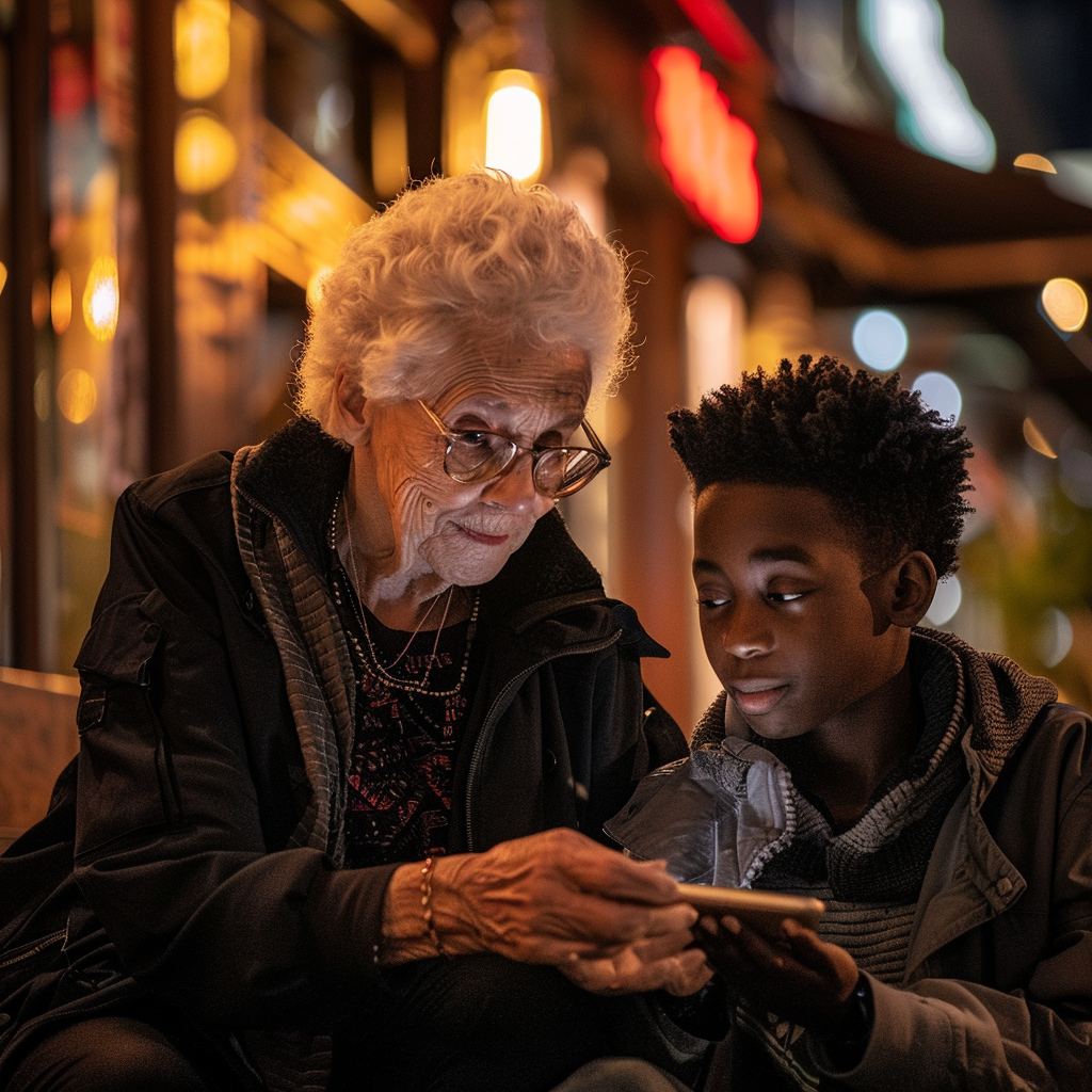 caring elderly woman teen bar outside