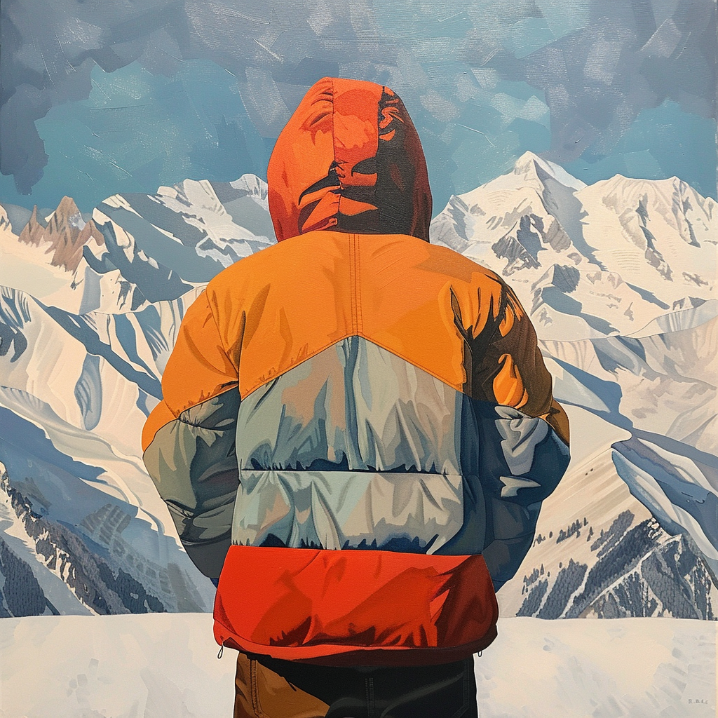 Man Puffy Jacket Mountains Art