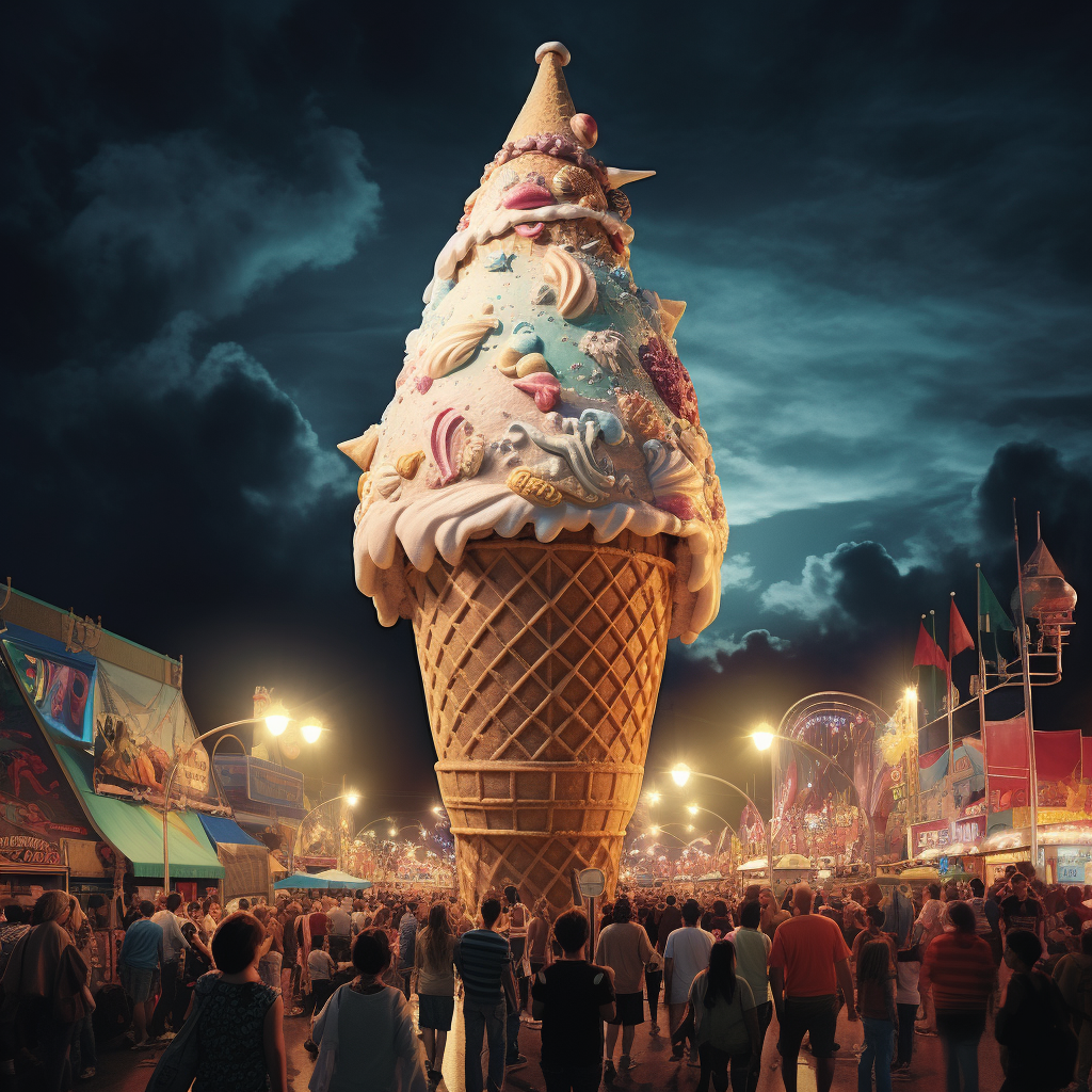 Colorful giant ice cream cone at night