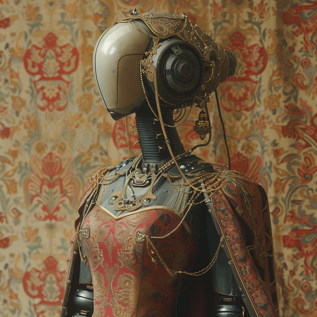 Female robot with jewelry on carpet