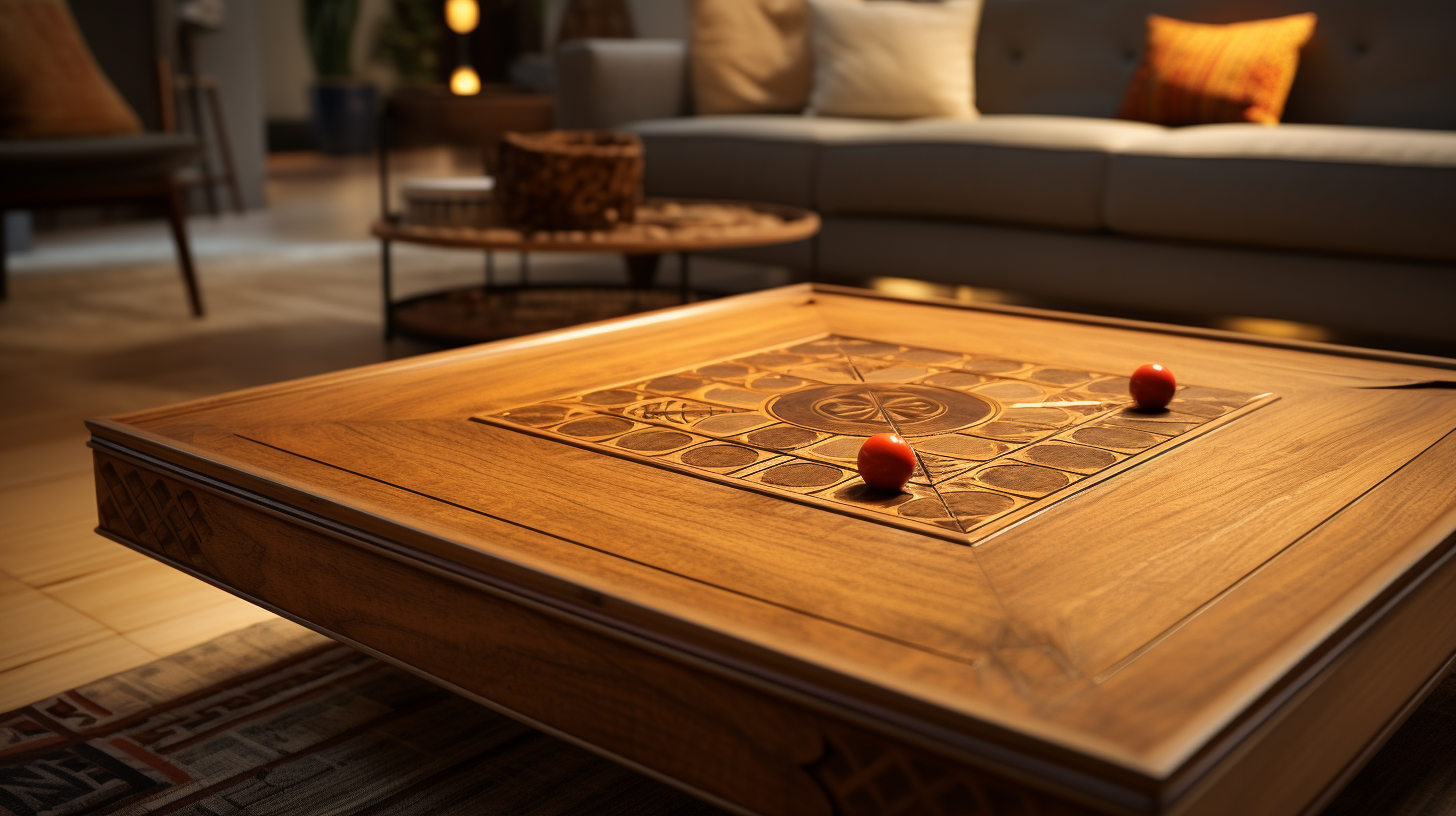 Carrom board and video game controller in a living room