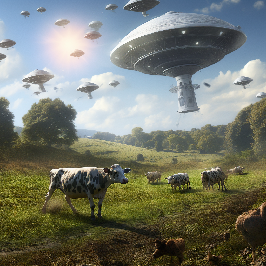 Cartoon Aliens Abducting Cows in Field