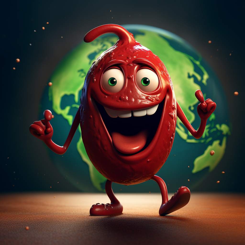 Cartoon chilli planet entering Earth's atmosphere