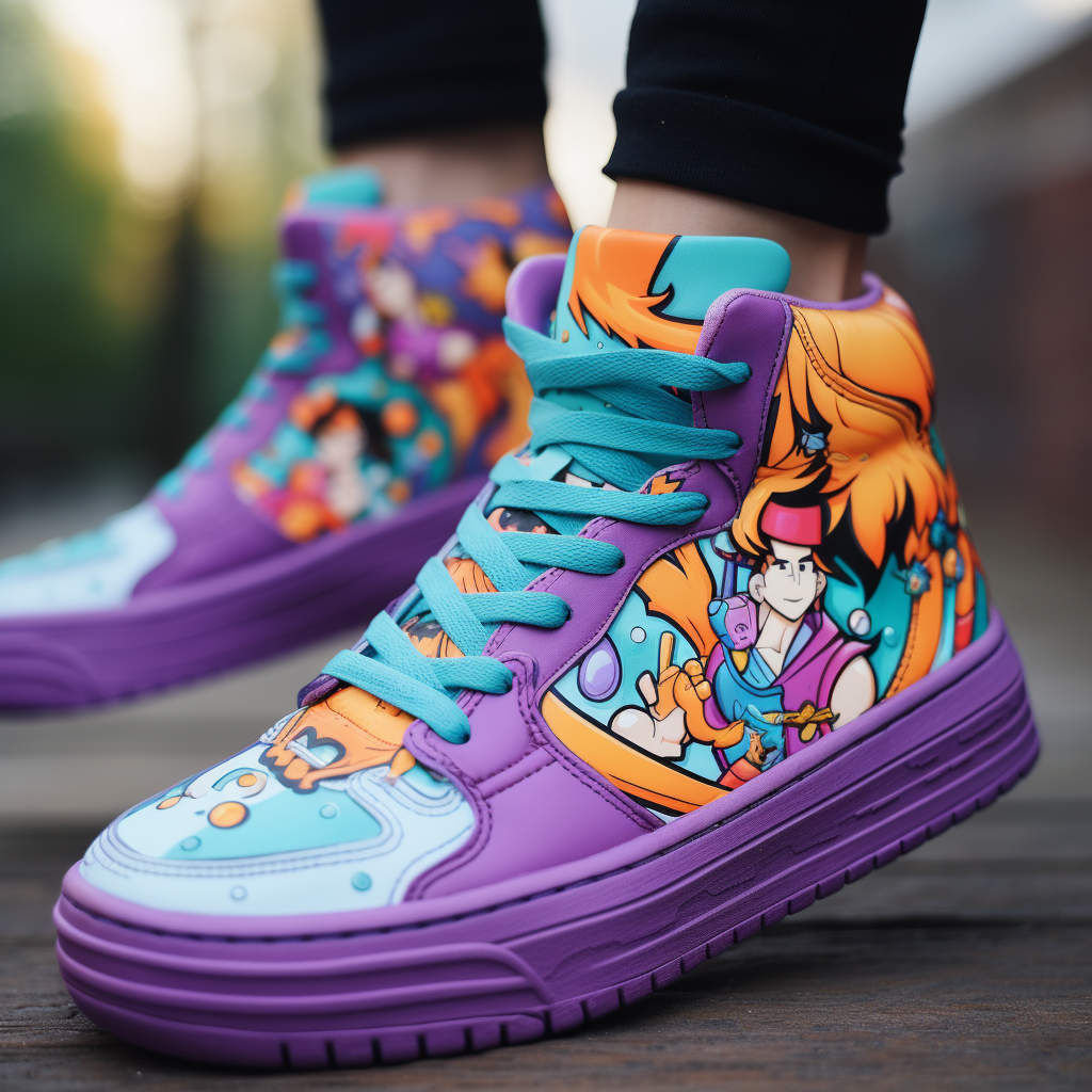 Colorful cartoon anime hand with long painted nails on Jordan's sneakers