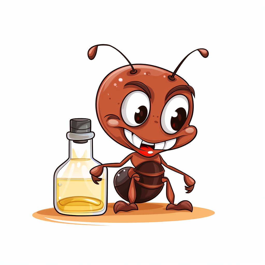 Cartoon ant drinking poison from a bottle