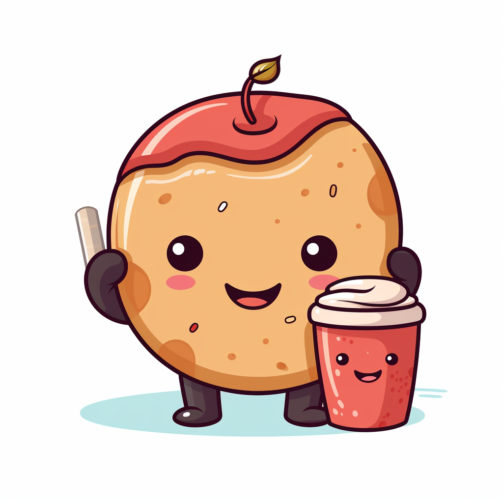 Cartoon apple cider donut carrying coffee