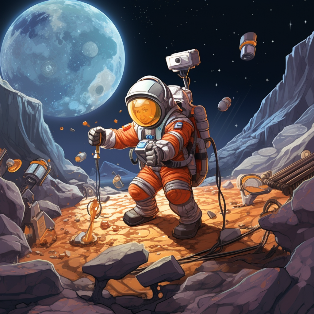 Cartoon astronaut mining in space