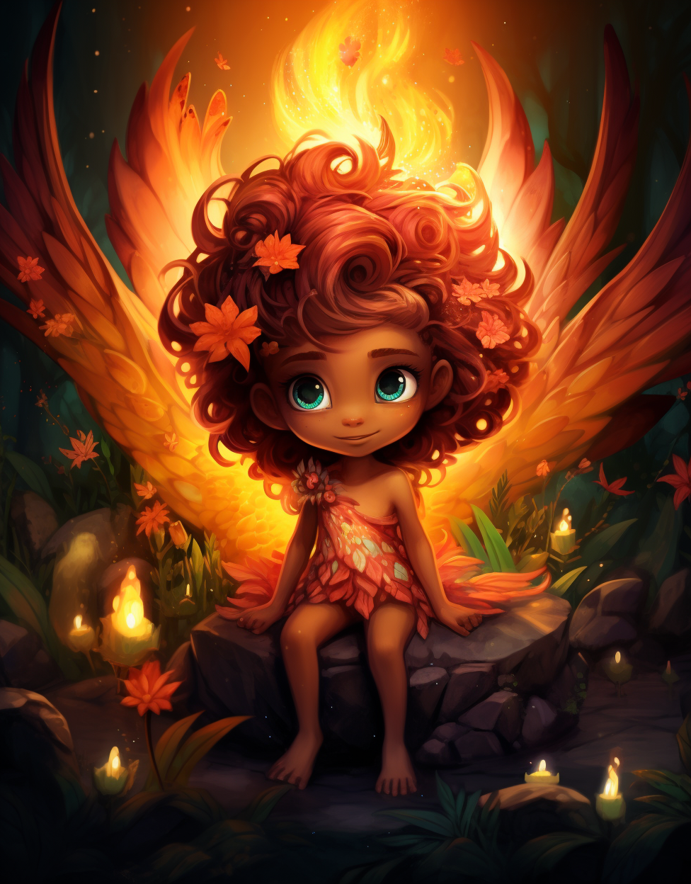 Baby fairy with dragon wings and fire hair