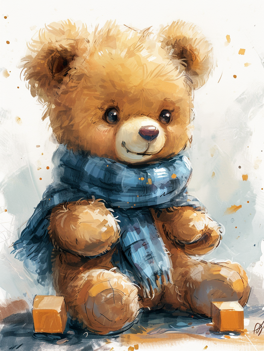 Baby teddy bear playing with cubes