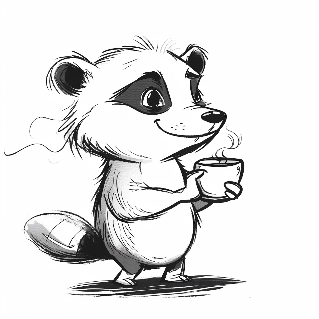 Cartoon badger drinking coffee happily