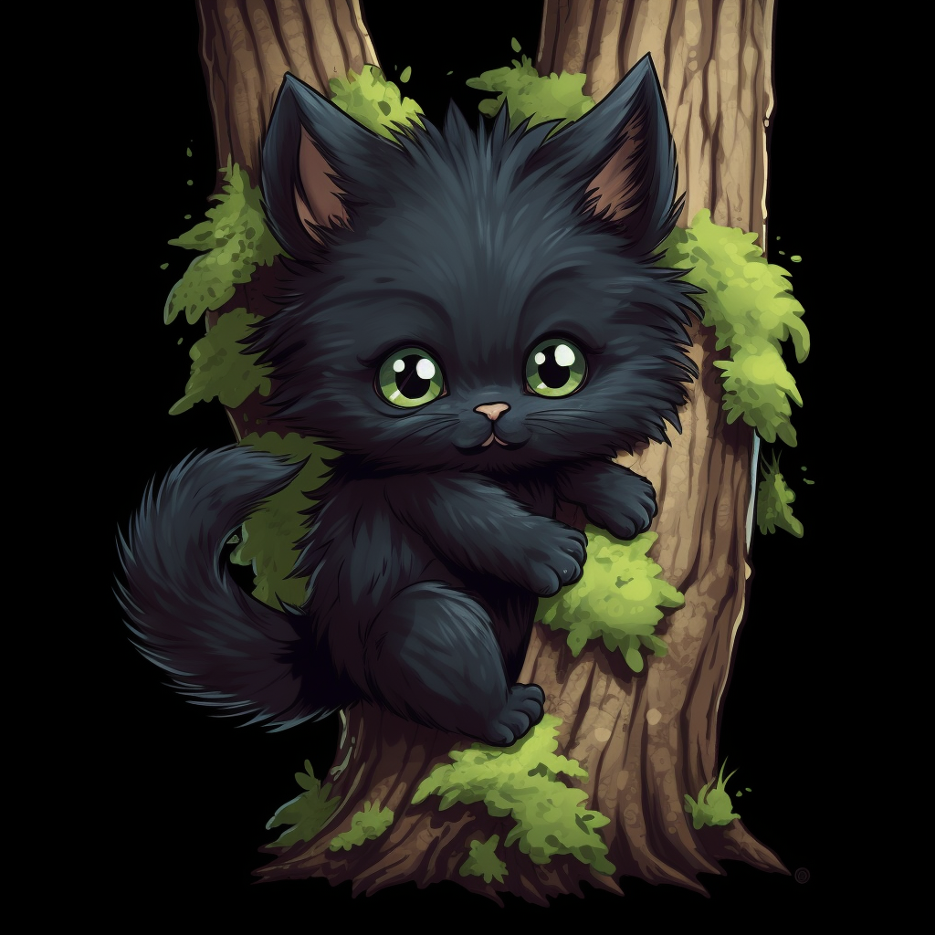 Adorable black kitten clinging to tree