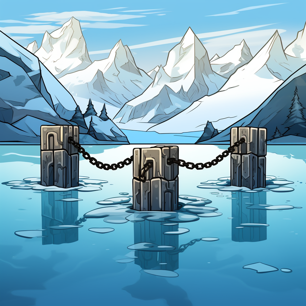 Cartoon blocks of ice on frozen lake and mountains blockchain