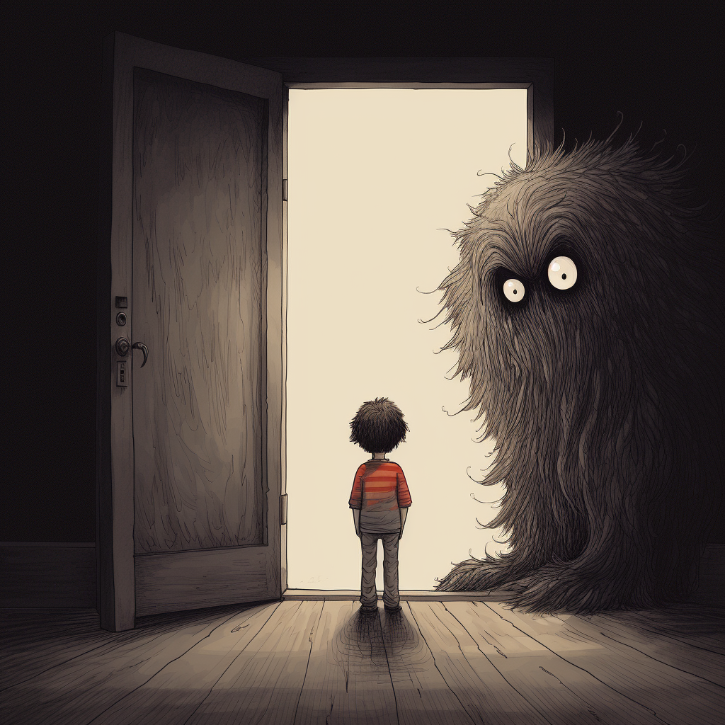 Cartoon boy frightened by closet monster