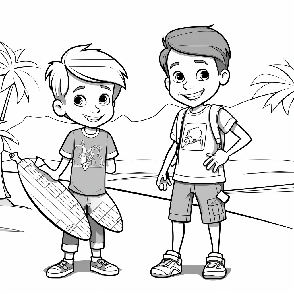 Cartoon boy meeting his surf instructor