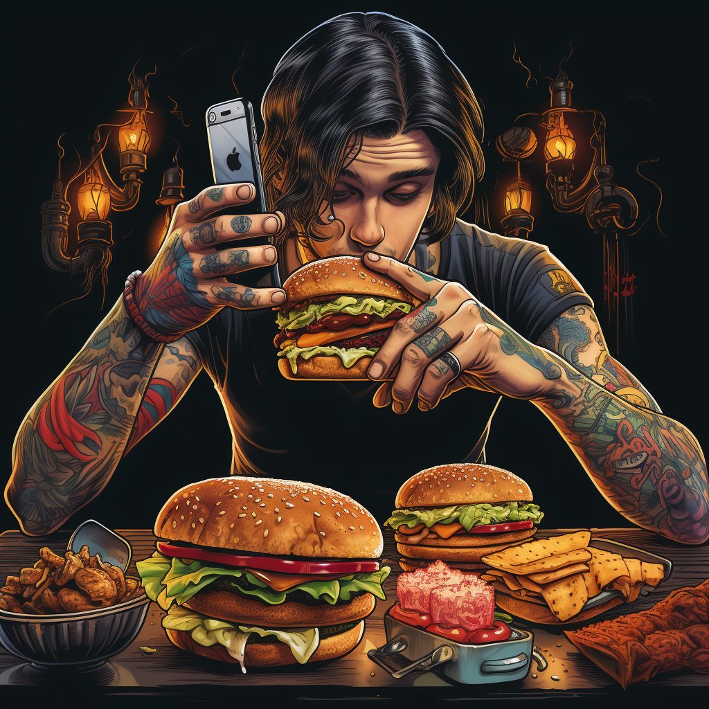 Cartoon boy photographing mouthwatering burgers