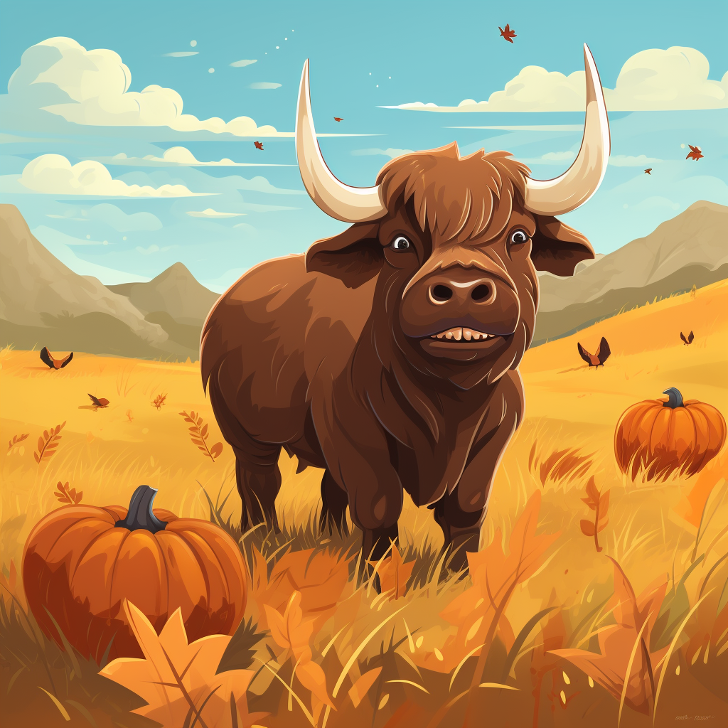 Cartoon buffalo carving pumpkin in grass plain