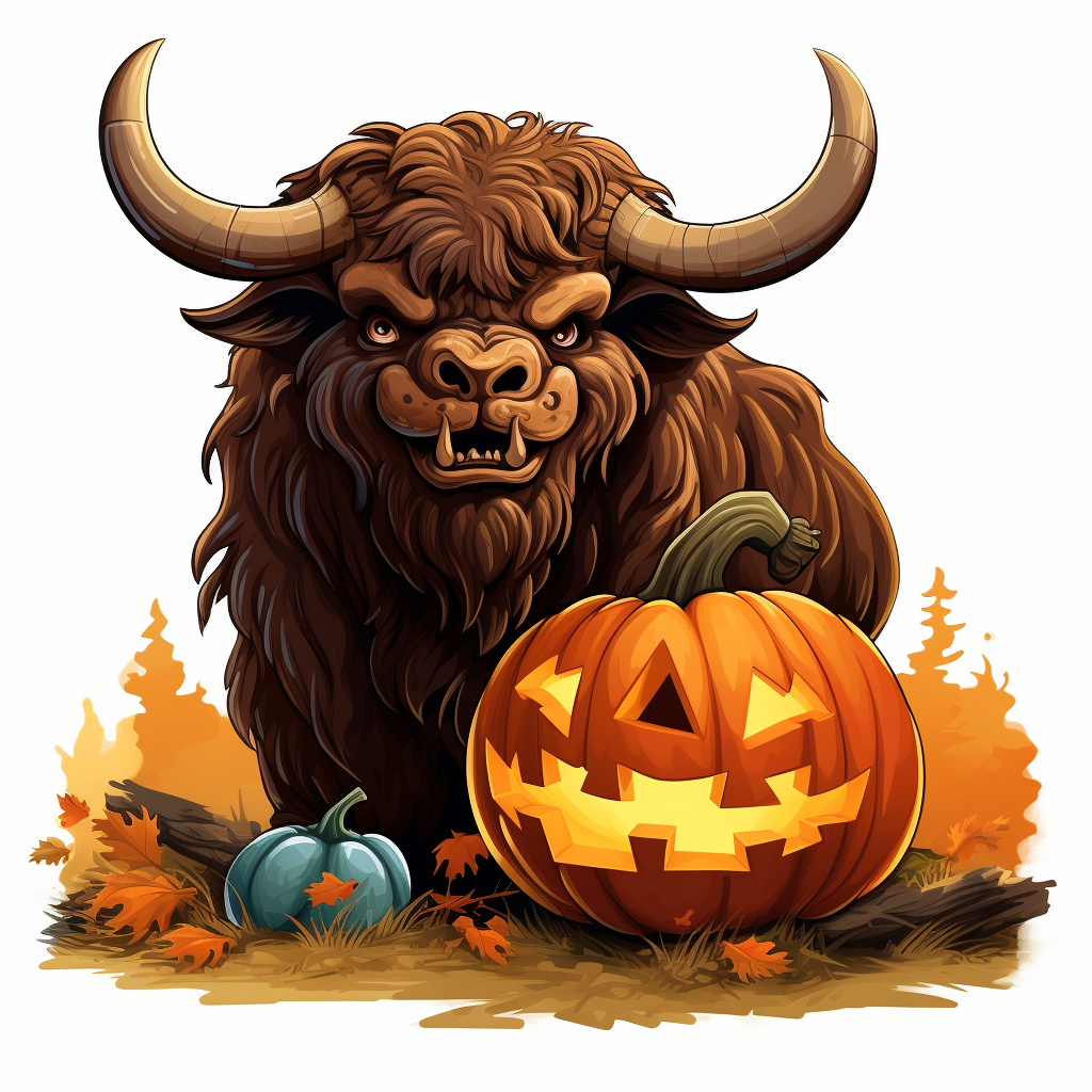 Cute buffalo carving a pumpkin