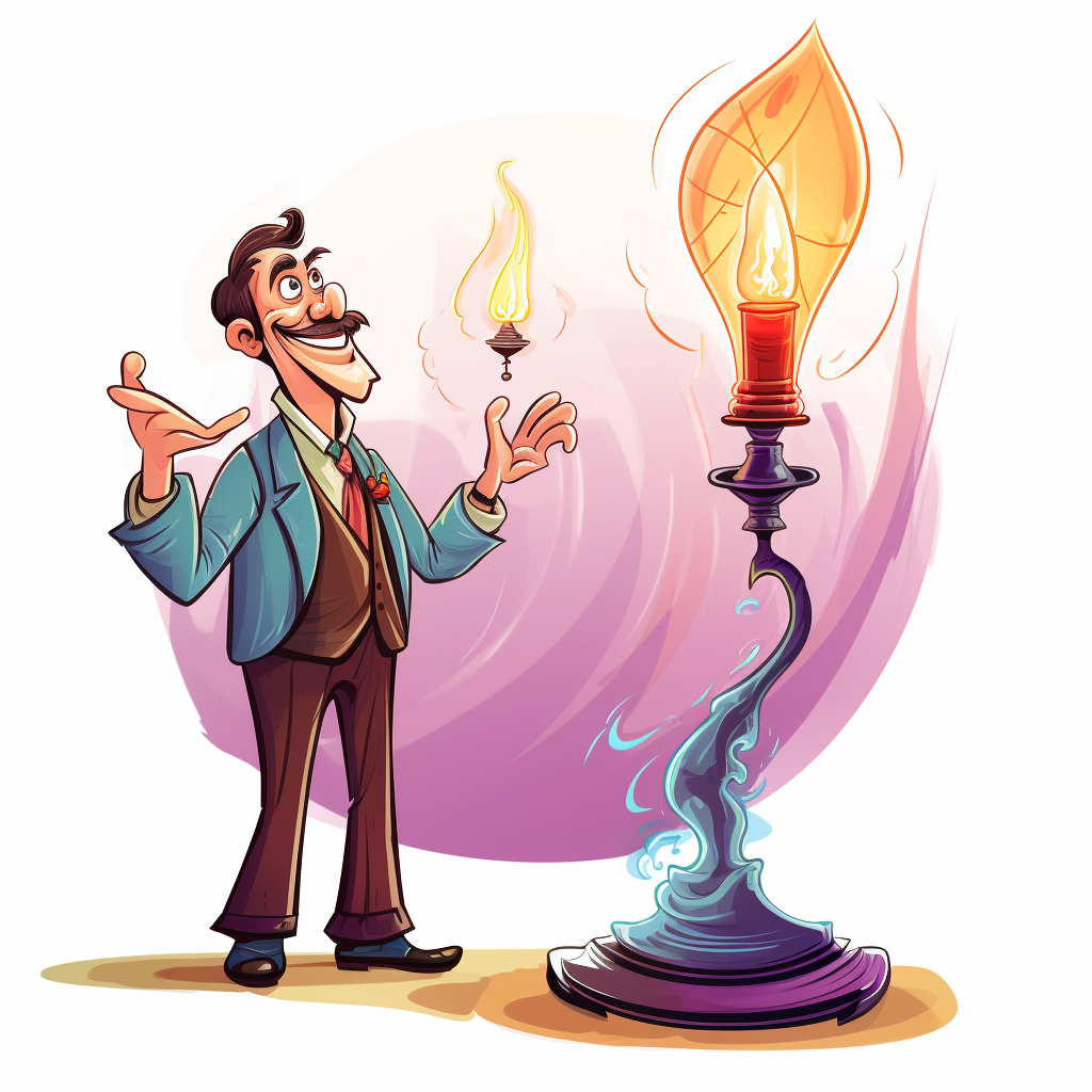 Colorful cartoon businessman talking to lamp genie