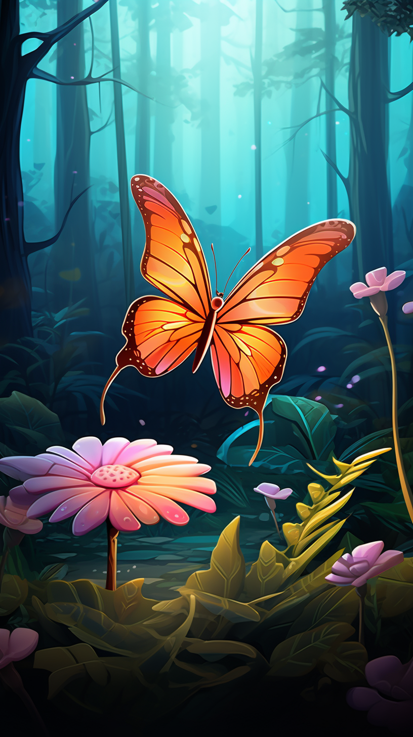 Cartoon butterfly on flower in forest