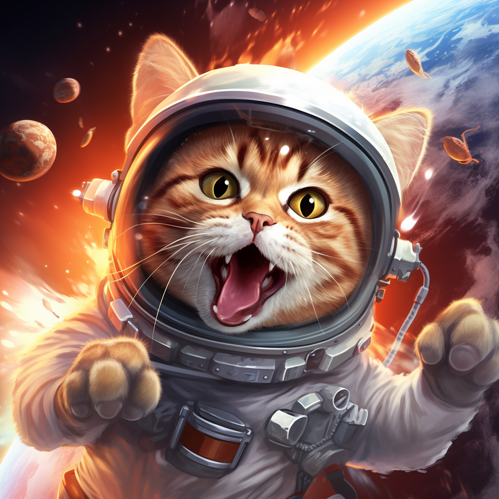 Cartoon cat doing marketing in space