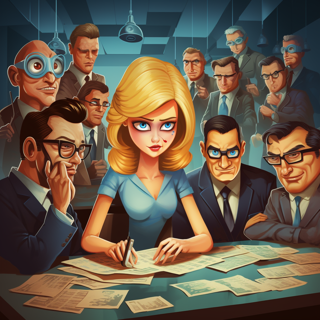 Cartoon characters planning secret corporate heist