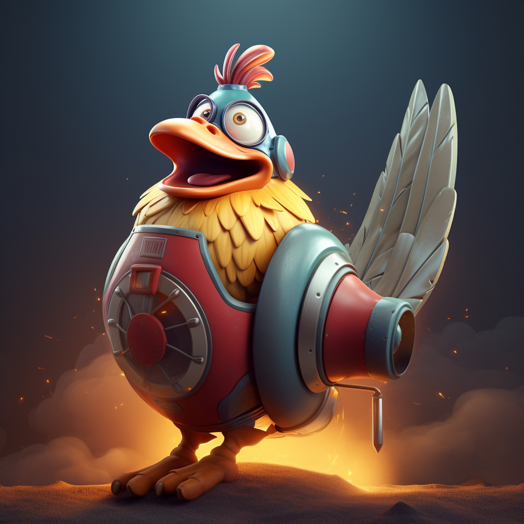 Cartoon chicken sitting on rocket