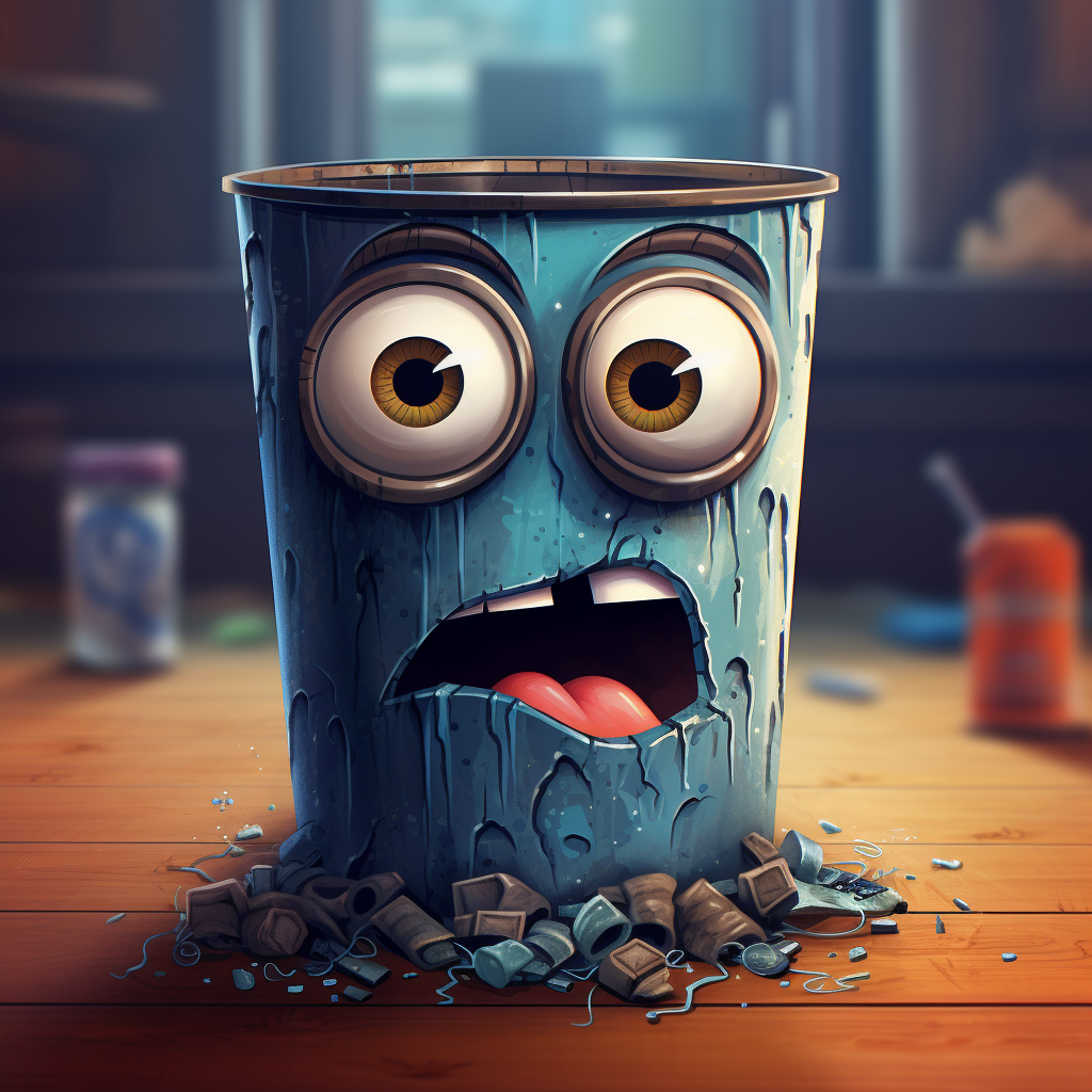 Cute cartoon character with trash can head