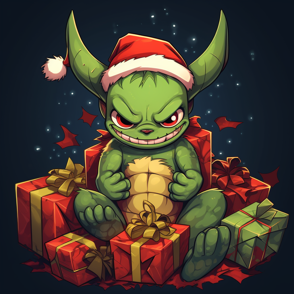 Cartoon Christmas Tree with Smiling Stitch Grinch Santa