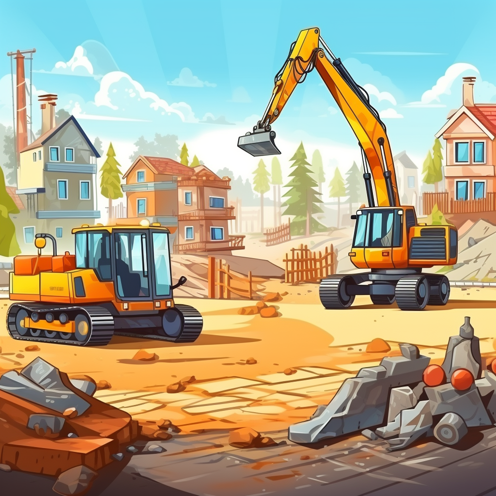 Cartoon construction site workers and foundations