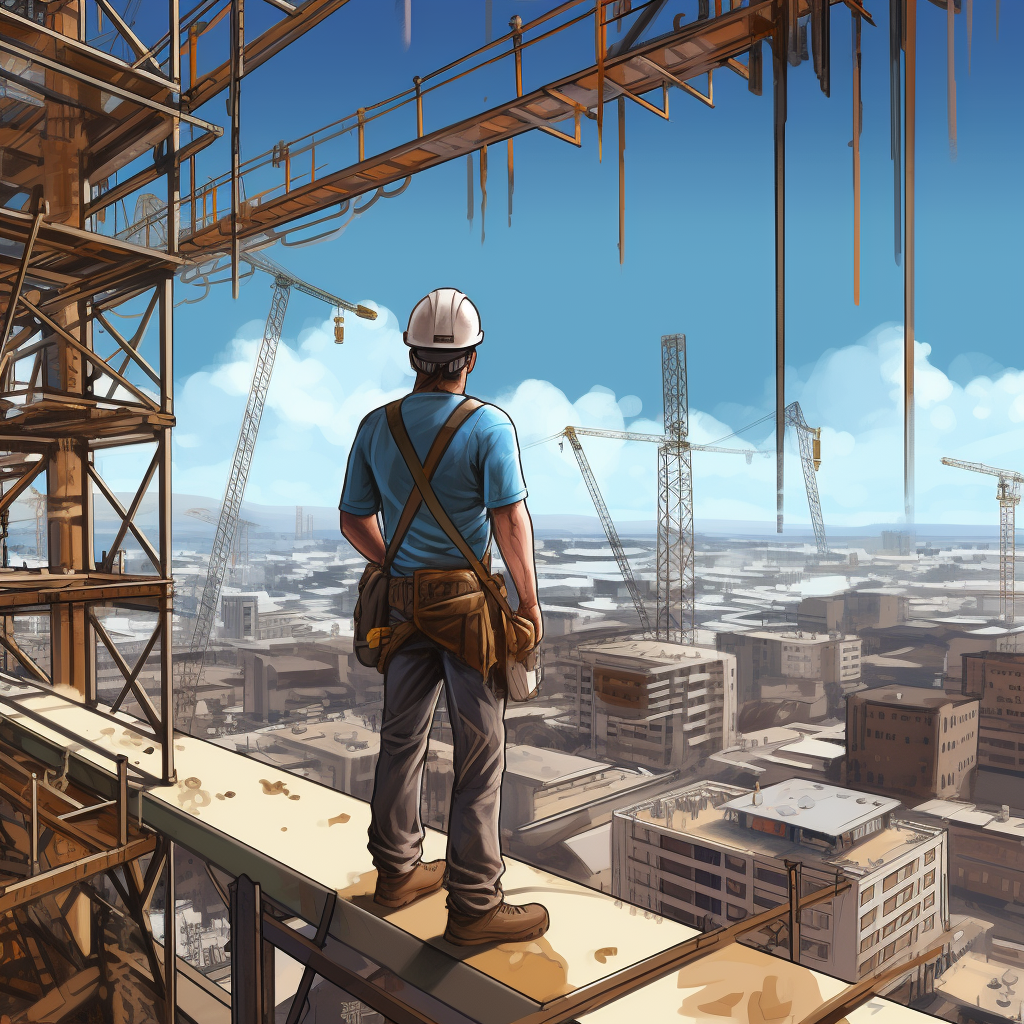 Cartoon construction worker on edge without safety harness