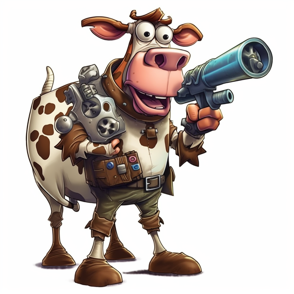 Cartoon cow with bazooka weapon