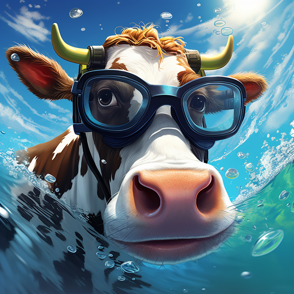 Cartoon cow underwater with dive goggles and snorkel