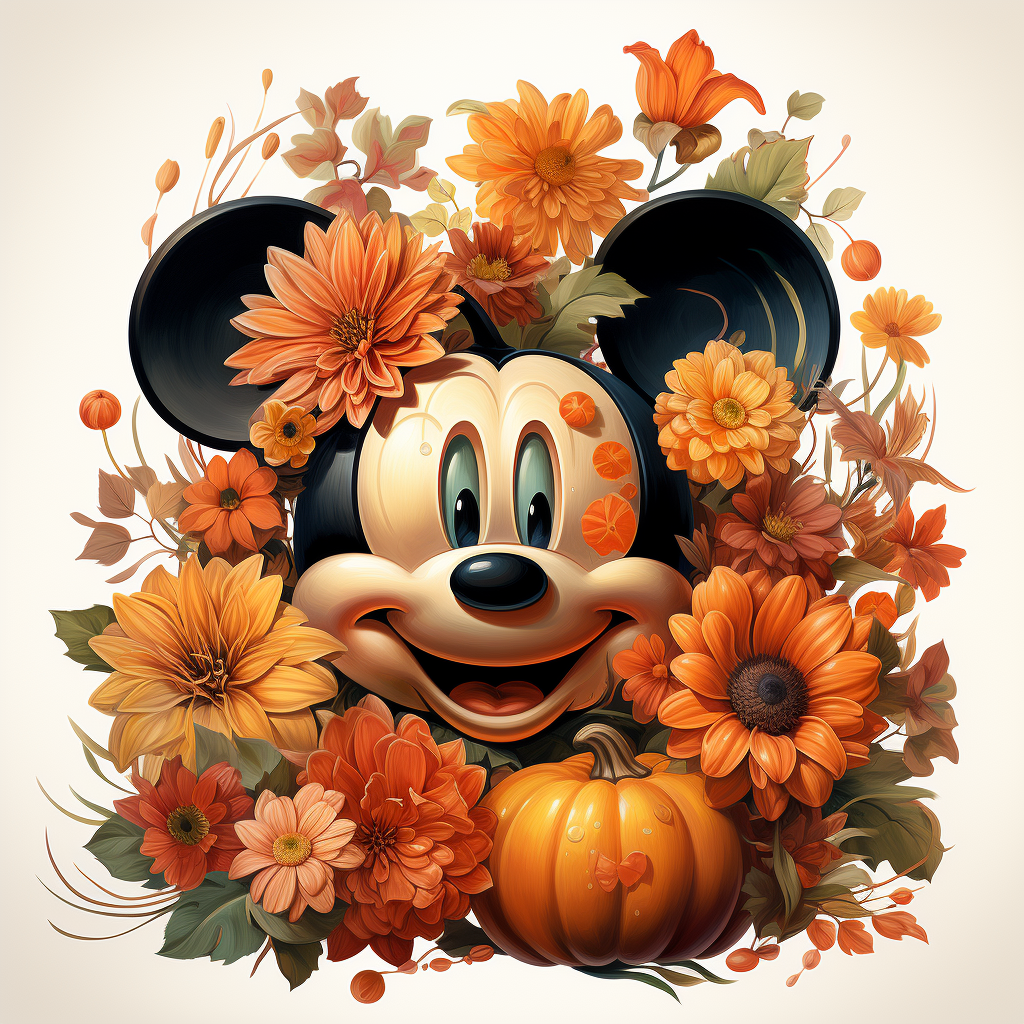 Cartoon of cute Mickey Mouse with flowers and pumpkins