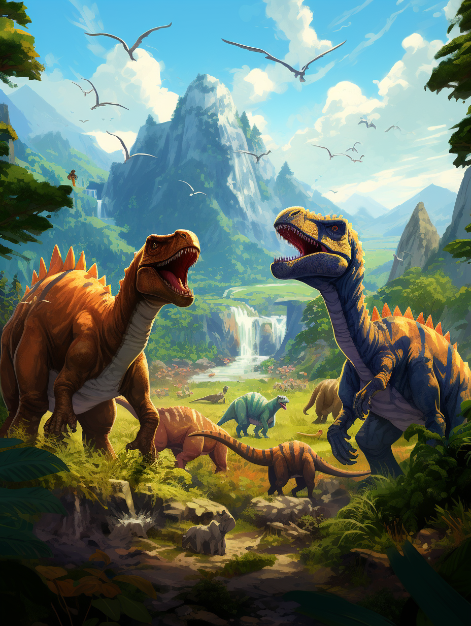 Colorful cartoon dinosaurs playing together