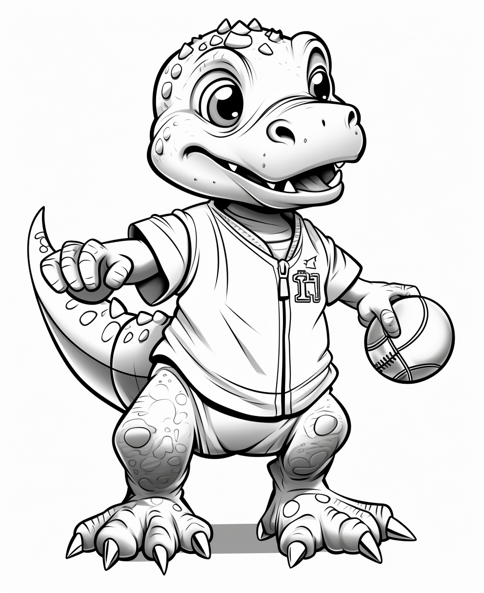 Cartoon dinosaur playing sports in jerseys