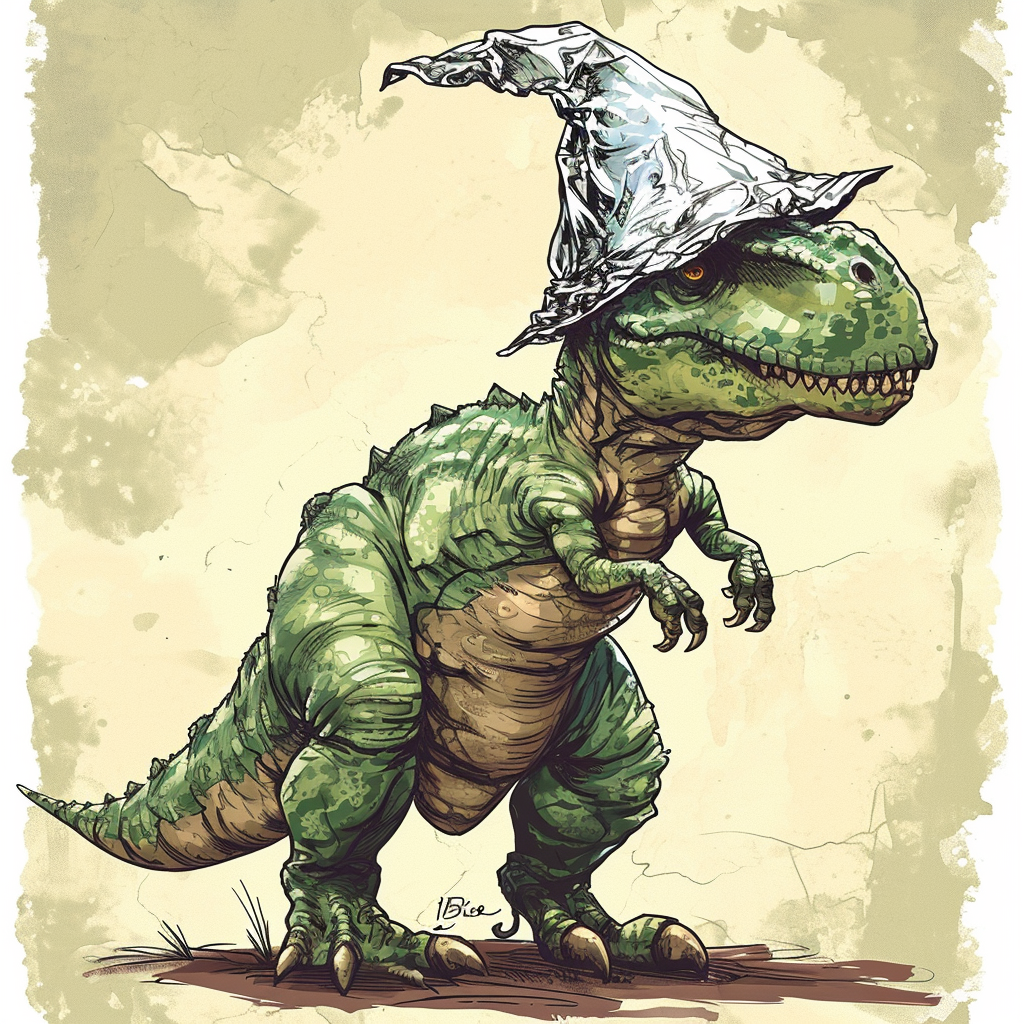 Cartoon dinosaur wearing tin foil hat