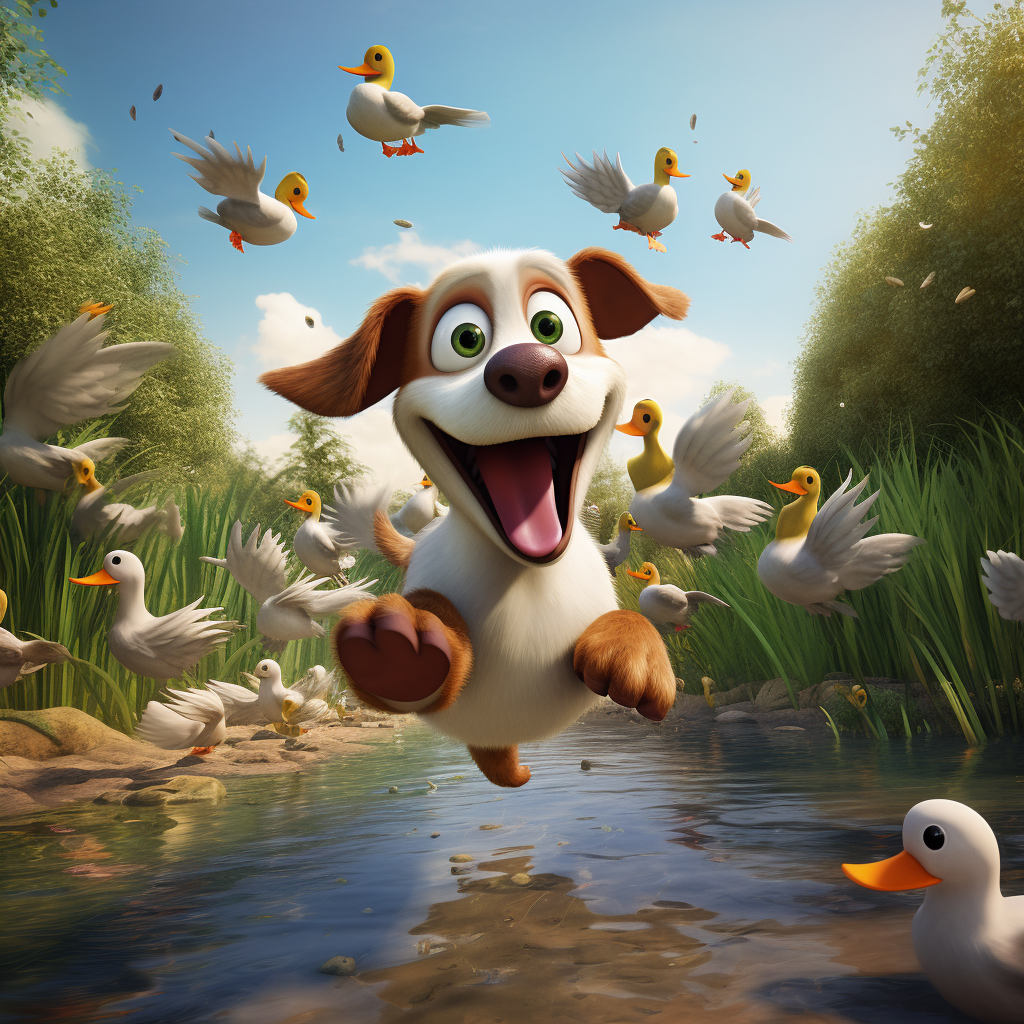 Cute cartoon dog chased by ducks