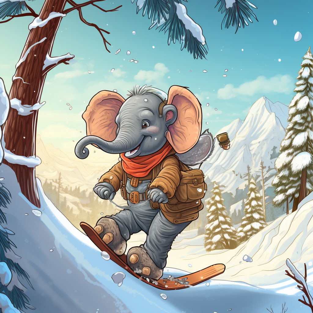 Cartoon elephant skiing crash tree