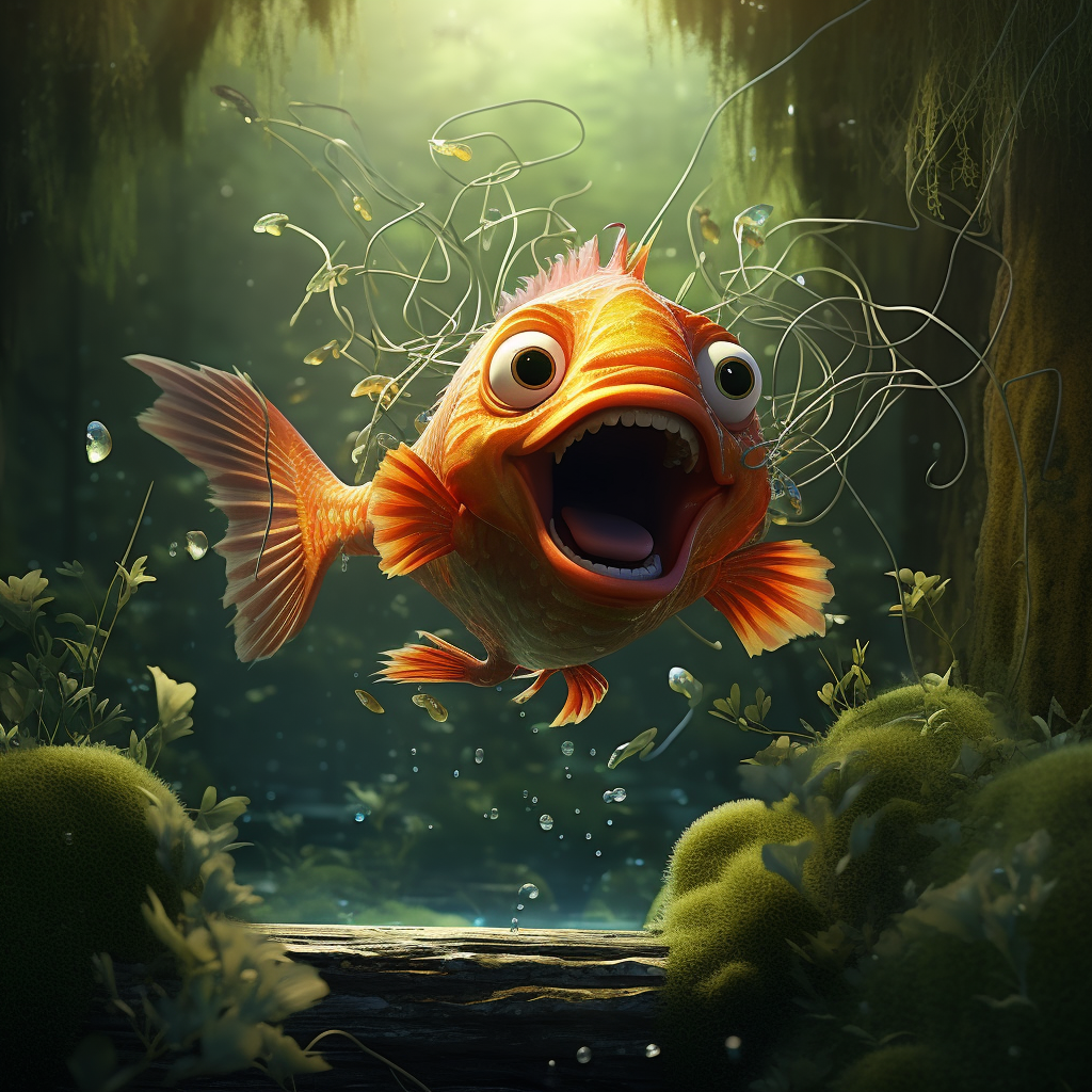 Cute cartoon fish swinging through forest like Spider-man