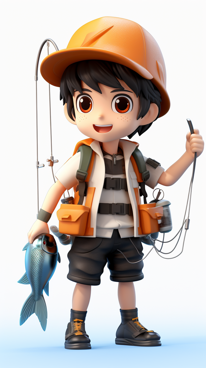 Cute cartoon fisherman boy holding fishing gear