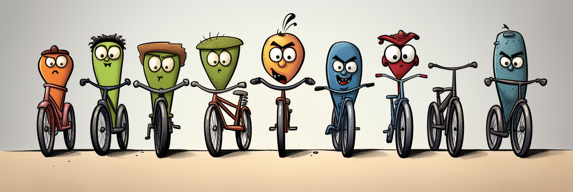 Playful cartoon bicycles in a row