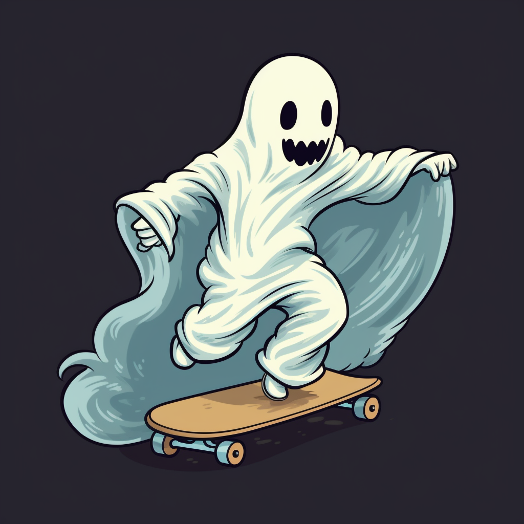 Cartoon ghost riding a skateboard