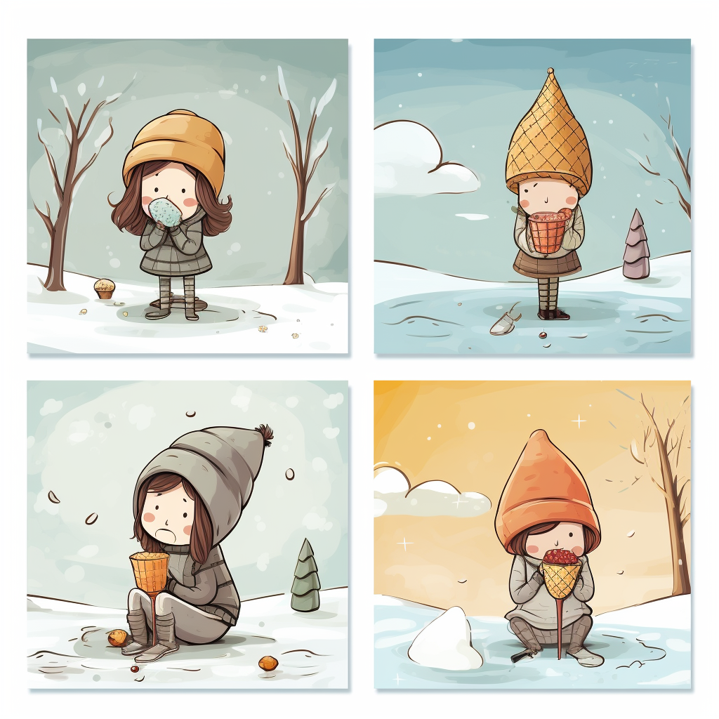 Cartoon girl with ice cream in changing seasons