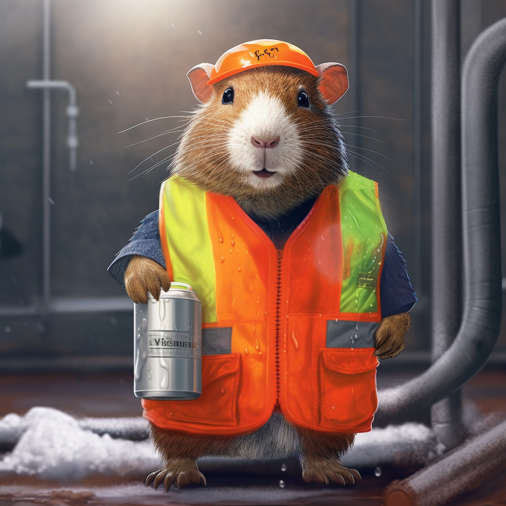 Cute guinea pig wearing safety gear and drinking beer.