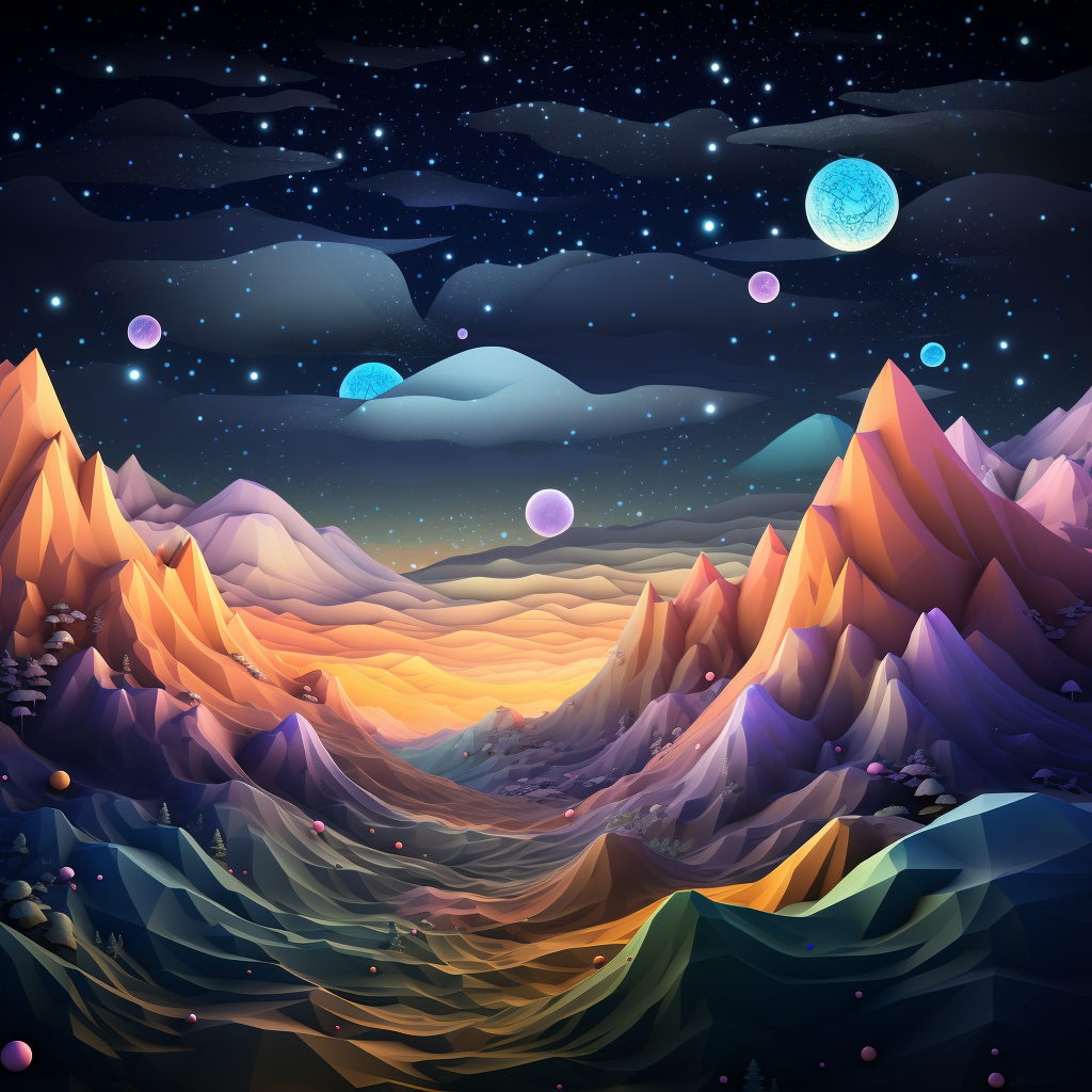 Colorful 3D cartoon hills under night sky