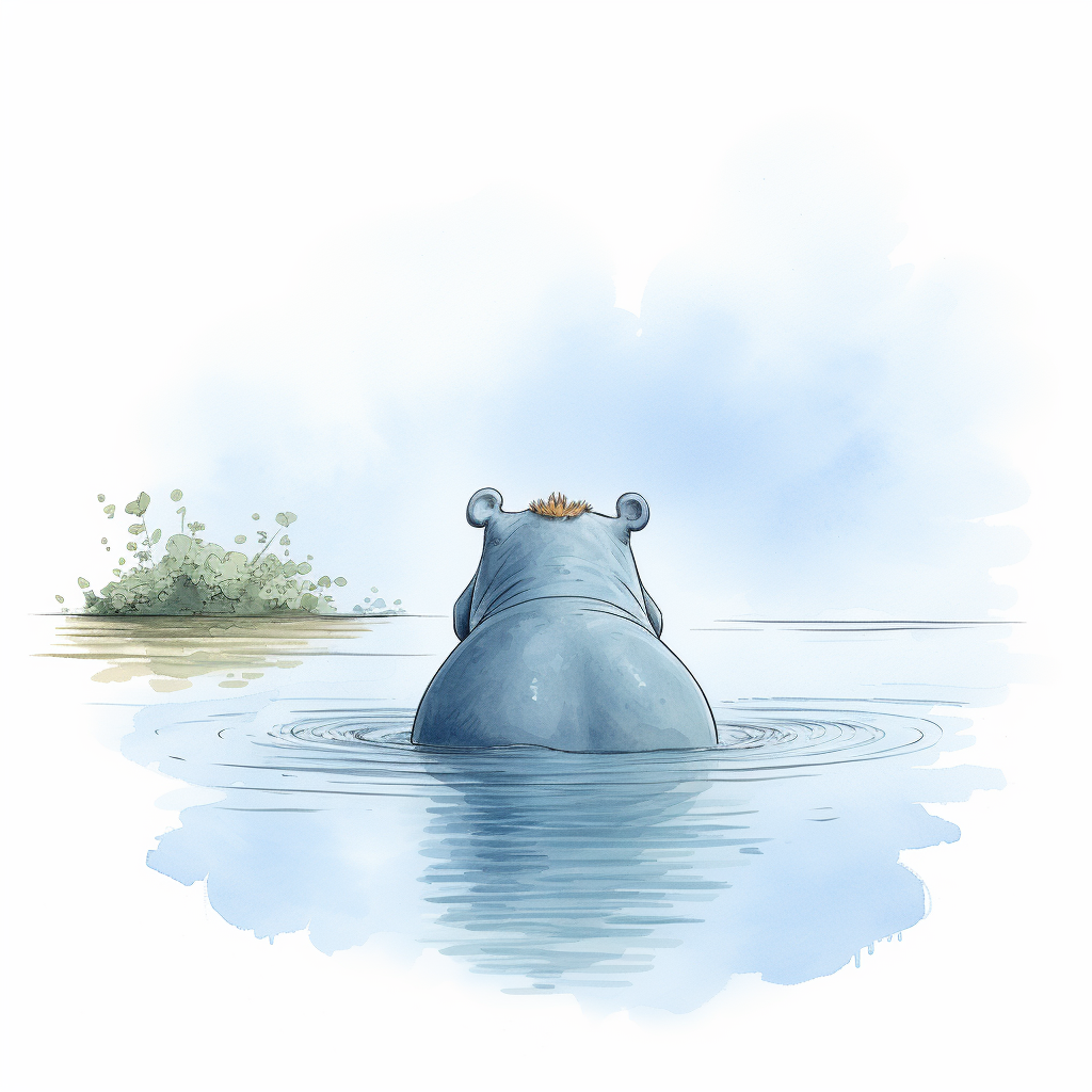 Cute cartoon hippo swimming in blue water