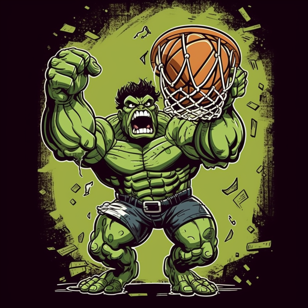 Cartoon Hulk dunking basketball